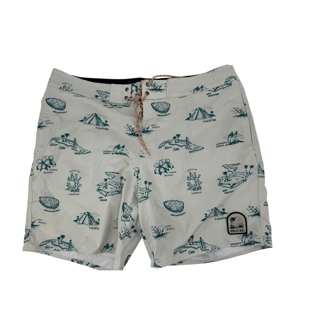 Howler Brothers Board Shorts Mens 40 Gray Teal Map Print Heed The Call Surf